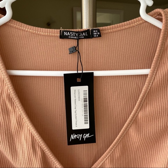 Dusty Pink Wrapover Ribbed Bell Sleeve Crop Top - Picture 3 of 3